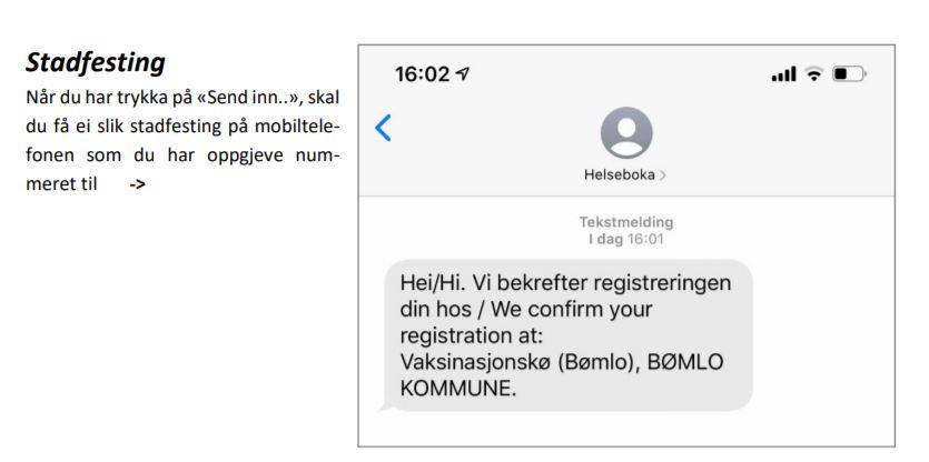 skjermdump stadfesting etter koronaregistrering på mobil - Klikk for stort bilete