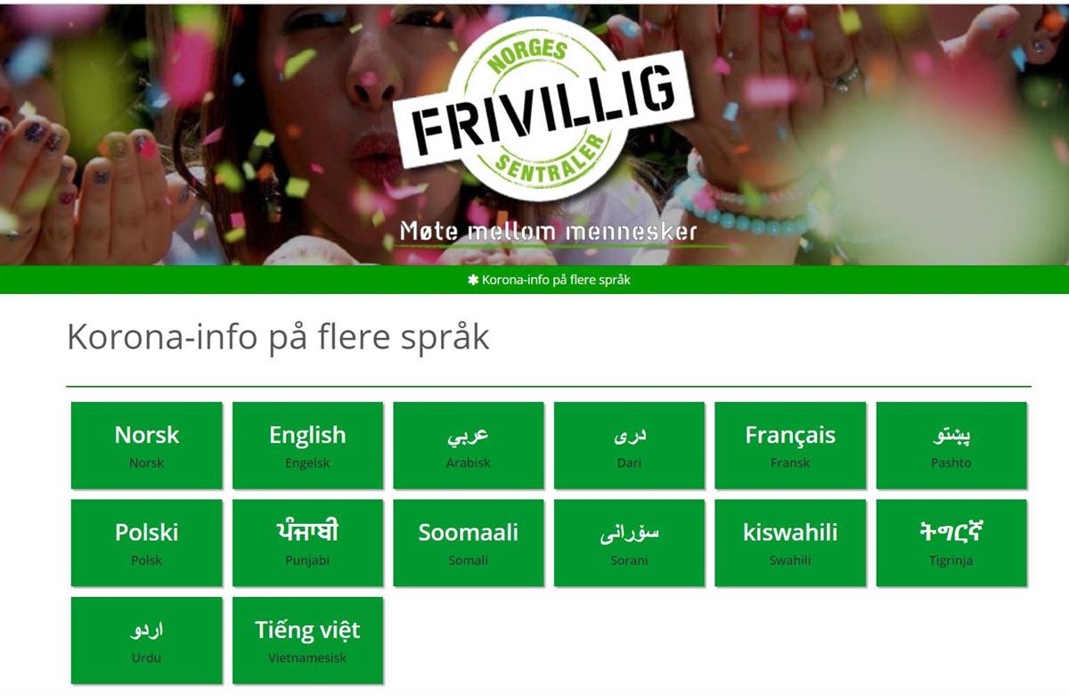 koronainformasjon på fleire språk nettsida til norsk frivilligsentral - Klikk for stort bilete