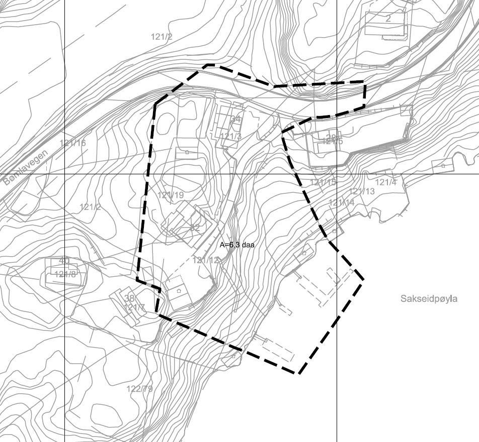 Bilde som viser avgrensinga av planområdet, som ligg langs delar av kystlinja ved Sakseidpøyla og opp til Bømlavegen. - Klikk for stort bilete