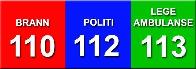 Naudnummer. Brann: 110. Politi: 112. Medisinsk naudtelefon: 113 - Klikk for stort bilete